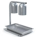 Nemco 6000A-2 freestanding dual heat lamp shown with a perforated stainless steel holding pan underneath