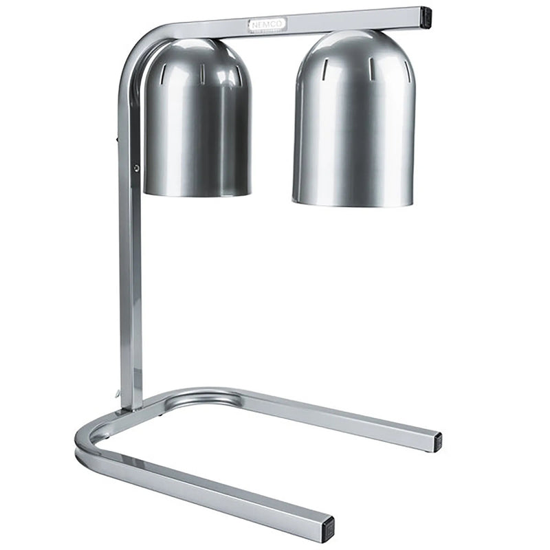 Nemco 6000A-2 electric freestanding heat lamp with two aluminum bulb shades on a chrome stand, angled view