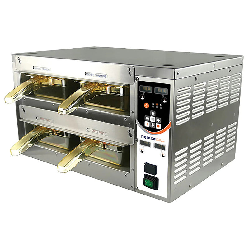 Nemco 6070 series four section hot hold dry/moist food warmer, stainless steel with digital controls, angled view