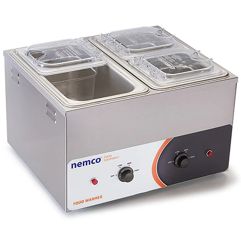 Nemco 6140 dual 1/3 size fractional food warmer, stainless steel with two pans, one lid removed, angled view