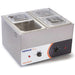 Nemco 6140 dual 1/3 size fractional food warmer, stainless steel with two pans, one lid removed, angled view