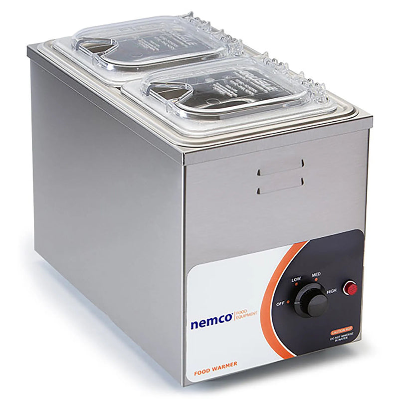 Nemco 6145 single 1/3 size fractional food warmer, stainless steel with pan and lid and dial control, angled view