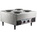 Nemco 6311-4-240 electric four burner hot plate, stainless steel on short legs with four dial controls, angled view