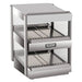 Nemco 6480 series heated pass through station with two slanted shelves, stainless steel finish, angled front view