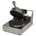 Nemco 7000A single waffle baker with black non-stick round grids and lid open, stainless steel base, angled view