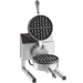 Nemco 7020A single Belgian waffle baker with dark non-stick grids, lid open showing a cooked waffle, angled view