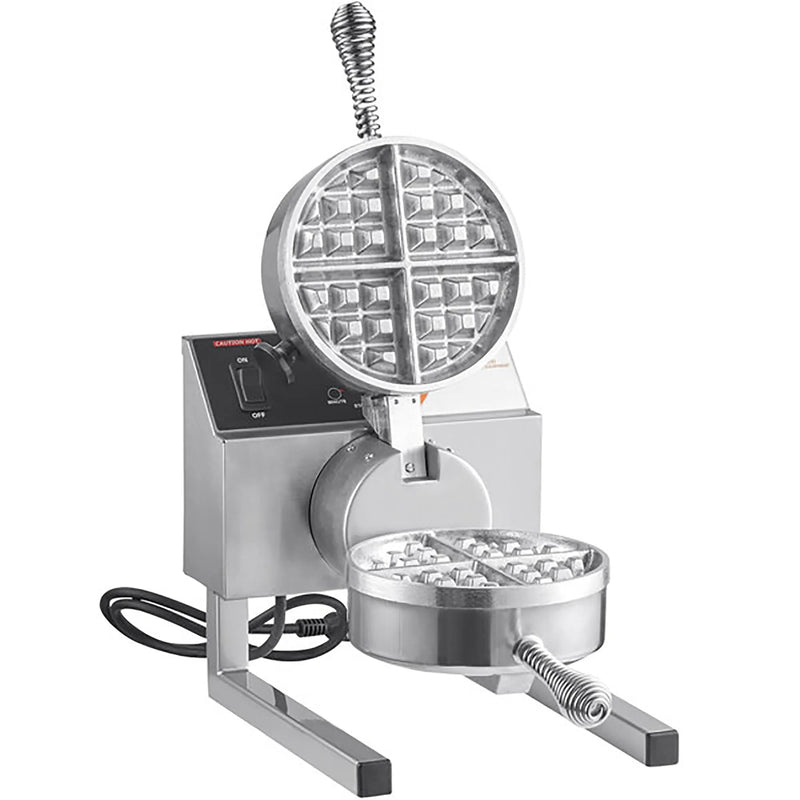 Nemco 7020A single Belgian waffle baker with aluminum grids, lid open showing a cooked waffle, stainless steel stand