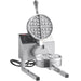 Nemco 7020A single Belgian waffle baker with aluminum grids, lid open showing a cooked waffle, stainless steel stand