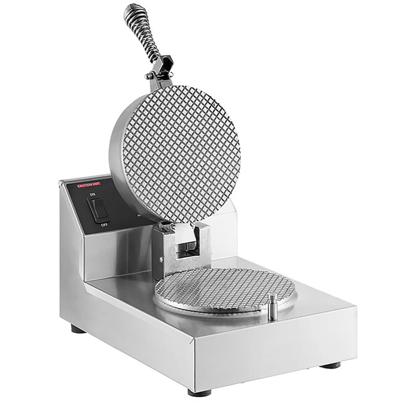 Nemco 7030A single cone maker with textured round baking grids and lid open, stainless steel base, angled view