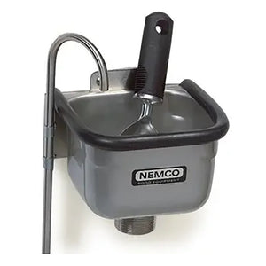 Nemco 77316 series stainless steel ice cream dipper well with faucet, black gasket rim and scoop, angled view