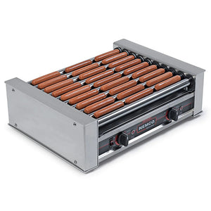 Nemco 8018 series hot dog roller grill, 10 rollers loaded with hot dogs, stainless steel housing, angled view