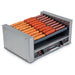 Nemco 8027 series hot dog roller grill loaded with hot dogs and sausages, shown with bun drawer below