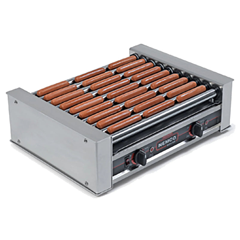 Nemco 8027 series hot dog roller grill, 10 rollers loaded with 27 hot dogs in stainless steel, angled view