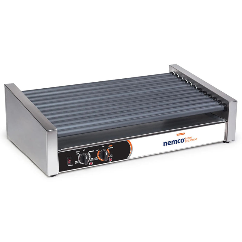 Nemco 8033SX-SLT slanted hot dog roller grill with 12 grey Gripsit rollers in stainless steel housing
