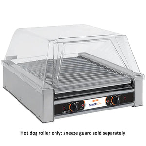 Nemco 8045N narrow hot dog roller grill, stainless steel with clear sneeze guard shown, front view with dual knob controls