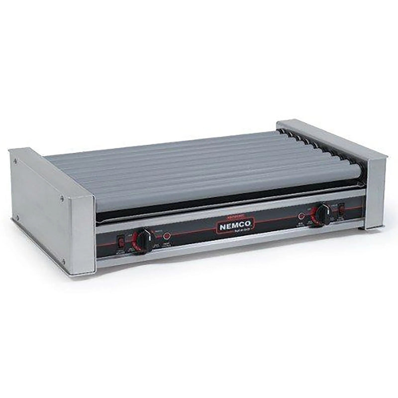 Nemco 8045W series wide hot dog roller grill, 10 grey rollers in stainless steel housing, empty angled view