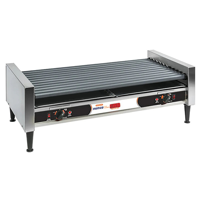 Nemco 8050SX-RC hot dog grill with Gripsit rollers and digital temperature readout, stainless steel on legs, angled view