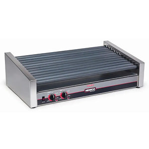 Nemco 8055SX-SLT slanted hot dog grill with 12 Gripsit rollers, stainless steel with dual knob controls, angled side view