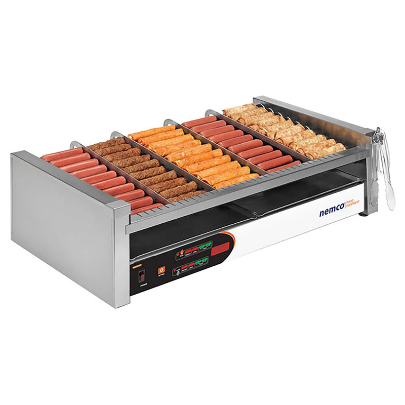 Nemco 8250 series slanted hot dog grill with digital controls, stainless steel, shown loaded with hot dogs, angled view