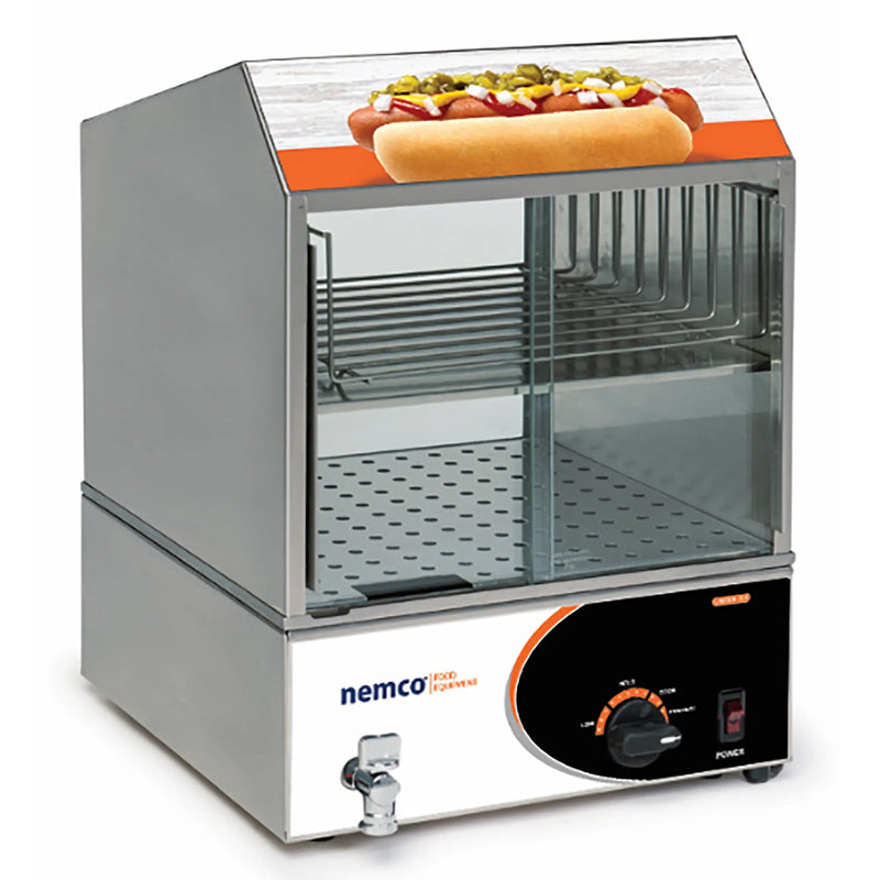 Nemco 8300 series stainless steel hot dog and bun steamer with glass doors and dial control, second size option