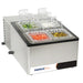 Nemco 9010 refrigerated condiment station, stainless steel with four 1/6 size pans of toppings and hinged lids