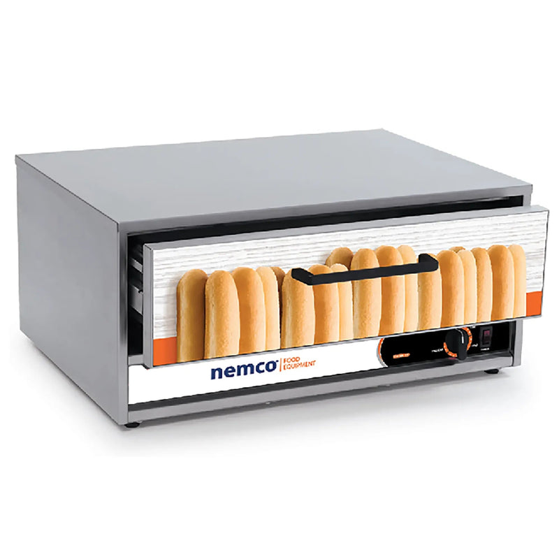 Nemco BW series stainless steel bun warmer with moisture, front drawer pulled open showing hot dog buns inside