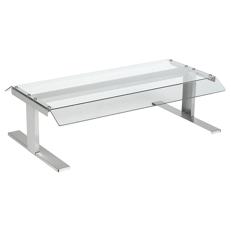 Nemco canopy sneeze guard with clear glass top and front panels on chrome plated stands, angled side view