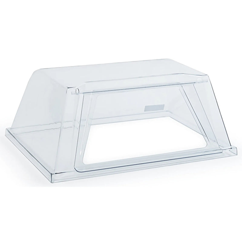 Nemco clear polycarbonate guard for hot dog rollers, tall dome style sneeze guard with open front, angled view