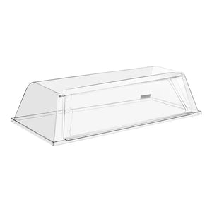 Nemco clear polycarbonate guard for Nemco hot dog rollers, low profile sneeze guard with front opening, angled view