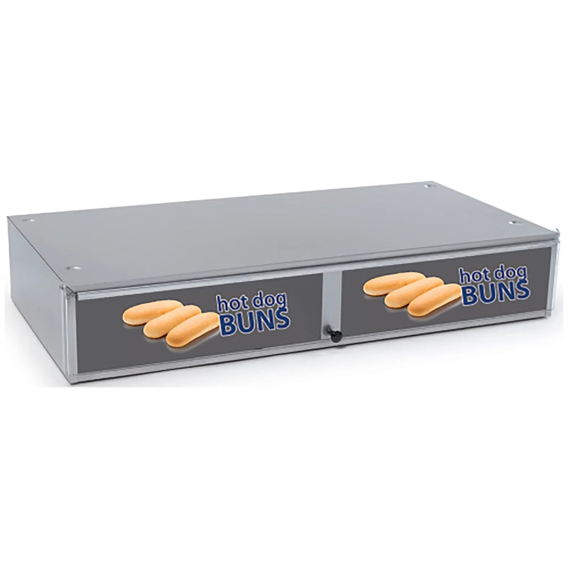 Nemco stainless steel bun box with clear polycarbonate door and hot dog bun graphics, angled front view