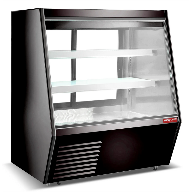 New Air NDDC-48-GC 48-inch refrigerated deli case, black cabinet with lit glass front and two display shelves