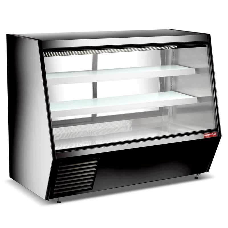 New Air NDDC-72-GC 72-inch refrigerated deli case, black cabinet with glass front and lit display shelves