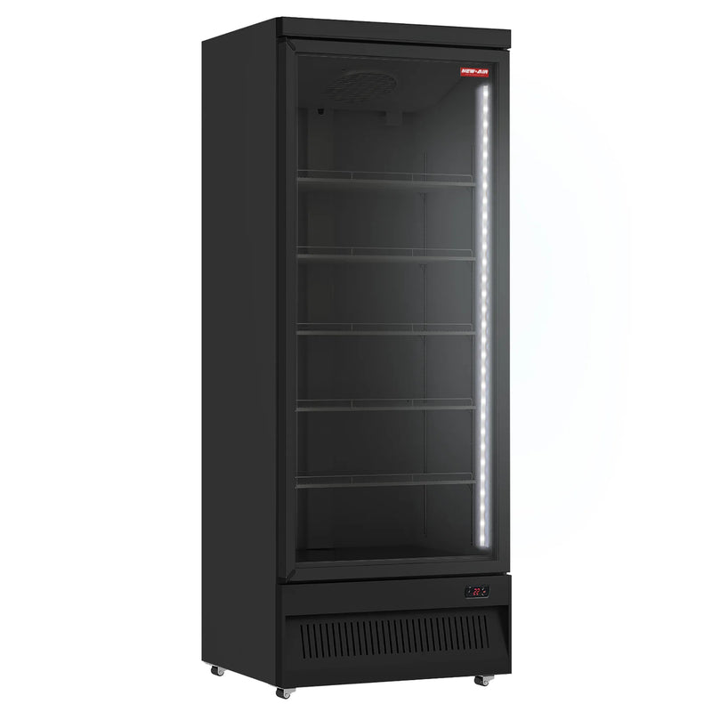 New Air NGF-30-HB single door 30-inch glass door display freezer, black cabinet with LED lighting, front view