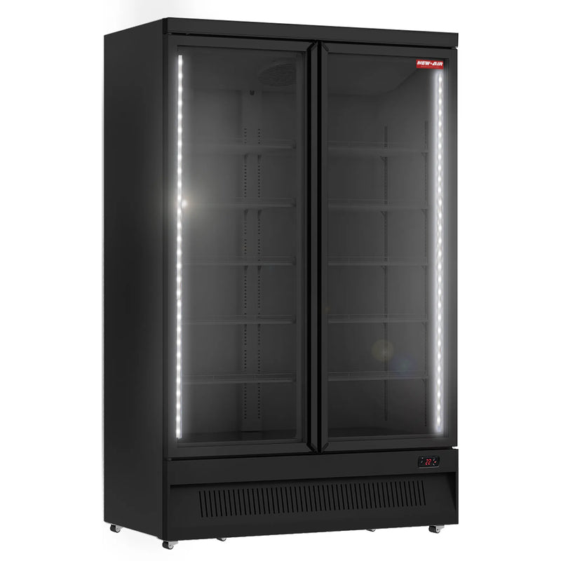 New Air NGF-49-HB double door 49-inch glass door display freezer, black cabinet with LED lighting, front view