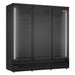 New Air NGR-74-HB triple door 74-inch glass door display refrigerator, black cabinet with LED lighting, angled view