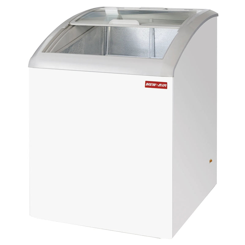 New Air NIF-24-CG single door 24-inch curved glass display chest freezer in white with sliding glass lid