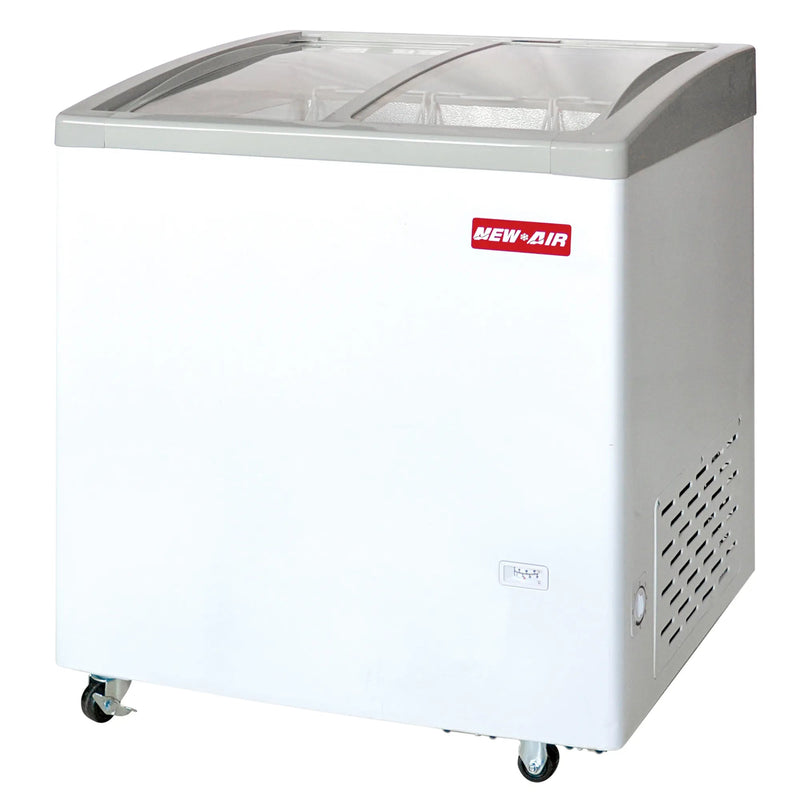 New Air NIF-32-CG double door 32-inch curved glass display chest freezer in white on casters, angled view