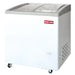 New Air NIF-32-CG double door 32-inch curved glass display chest freezer in white on casters, angled view