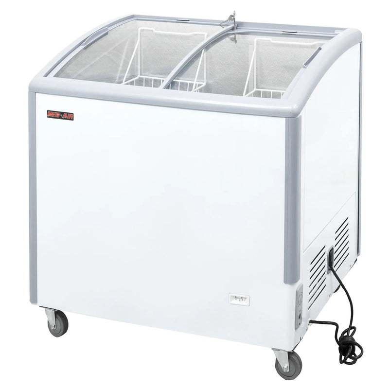 New Air NIF-35-CG double door 35-inch curved glass display chest freezer in white with grey trim, on casters