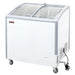 New Air NIF-35-CG double door 35-inch curved glass display chest freezer in white with grey trim, on casters