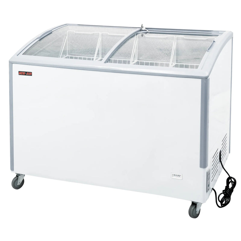 New Air NIF-49-CG double door 49-inch curved glass display chest freezer, white cabinet on casters, angled view