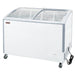 New Air NIF-49-CG double door 49-inch curved glass display chest freezer, white cabinet on casters, angled view