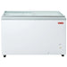 New Air NIF-50-FG double door 50-inch flat glass display chest freezer in white with sliding glass tops, front view