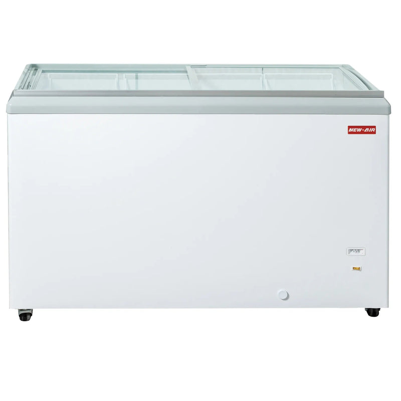 New Air NIF-60-FG double door 60-inch flat glass display chest freezer, white cabinet on casters, front view