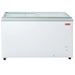 New Air NIF-60-FG double door 60-inch flat glass display chest freezer, white cabinet on casters, front view