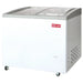 New Air NIF-61-CG double door 61-inch curved glass display chest freezer, white cabinet with grey trim, angled view