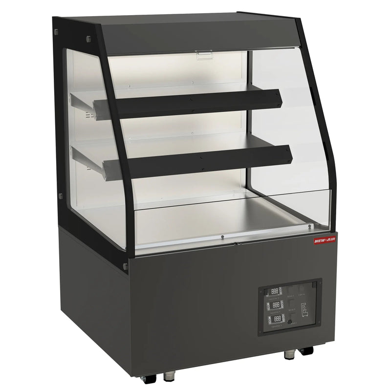 New Air NOM-36-HTS mid profile 36-inch open heated merchandiser, dark grey cabinet with two display shelves