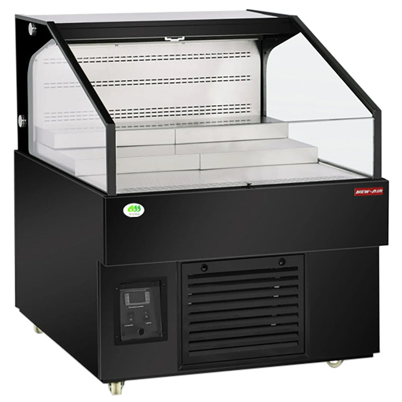 New Air NOM-36-LSB low profile 36-inch open air refrigerator, black cabinet with tiered display shelves