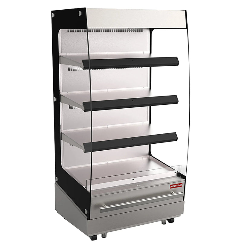 New Air NOM-39-HT triple shelf 40-inch open heated merchandiser, stainless steel cabinet with black shelves