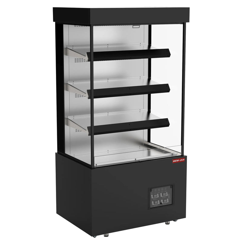 New Air NOM-40-HT triple shelf 40-inch open heated merchandiser, black cabinet with glass sides, angled view